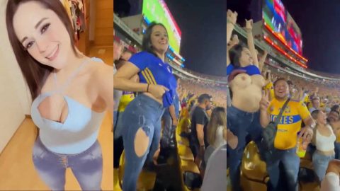 Sexy girl Carla Garza flashes her hot boobs on soccer goal